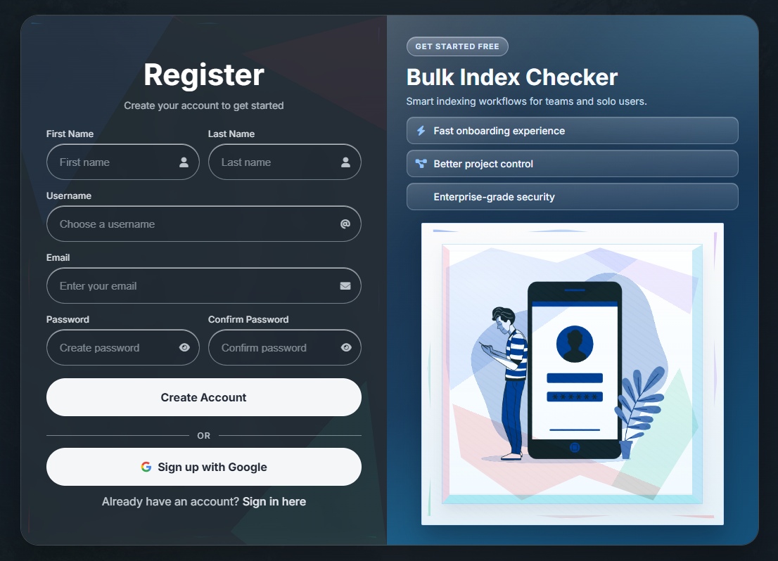 Bulk Index Checker register screen