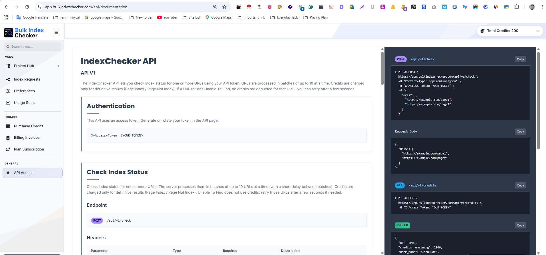 Bulk Index Checker API documentation screen
