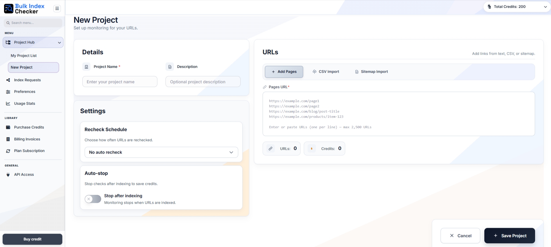 Bulk Index Checker new project screen